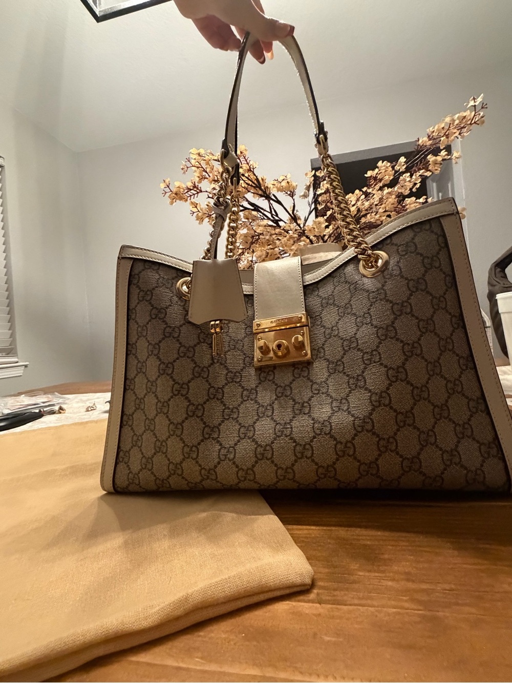 Gucci Beige & Brown Monogram Chain-Handle Shoulder Bag